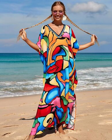 BSUBSEACH فساتين Kaftan للنساء بالإضافة إلى حجم ربطة عنق صبغة Batwing Caftans Swimsuit Coverup Maxi Loungwear in Saudi Arabia