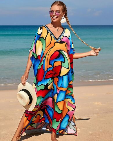 BSUBSEACH فساتين Kaftan للنساء بالإضافة إلى حجم ربطة عنق صبغة Batwing Caftans Swimsuit Coverup Maxi Loungwear in Saudi Arabia