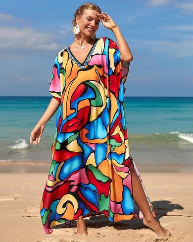 BSUBSEACH فساتين Kaftan للنساء بالإضافة إلى حجم ربطة عنق صبغة Batwing Caftans Swimsuit Coverup Maxi Loungwear in Saudi Arabia