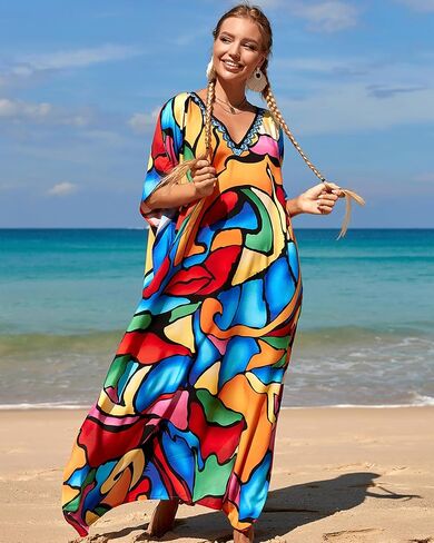 BSUBSEACH فساتين Kaftan للنساء بالإضافة إلى حجم ربطة عنق صبغة Batwing Caftans Swimsuit Coverup Maxi Loungwear in Saudi Arabia
