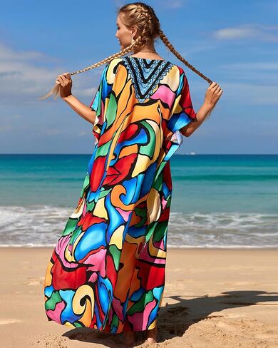 BSUBSEACH فساتين Kaftan للنساء بالإضافة إلى حجم ربطة عنق صبغة Batwing Caftans Swimsuit Coverup Maxi Loungwear in Saudi Arabia
