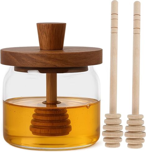 وعاء عسل العسل اللوسارول مع دب وغطاء - جرة عسل زجاجية 18 أوقية مع مجموعة عسل عسل خشبية ، حاويات عسل عري in Kuwait