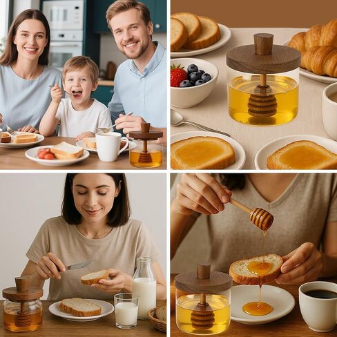 وعاء عسل العسل اللوسارول مع دب وغطاء - جرة عسل زجاجية 18 أوقية مع مجموعة عسل عسل خشبية ، حاويات عسل عري in Kuwait