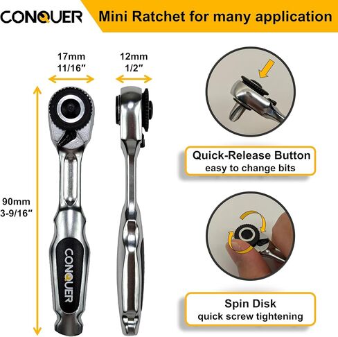 CONQUER Mini Combo Dual Ratchet Wrench with 1/4" Square Drive and Bit Drive High Torque 72-Tooth Gear Head and Spin Disk in Saudi Arabia
