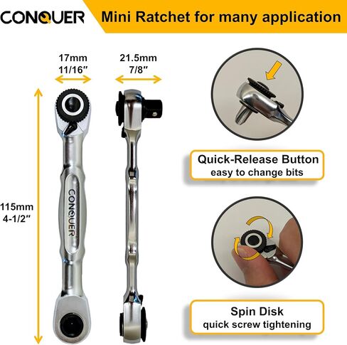 CONQUER Mini Combo Dual Ratchet Wrench with 1/4" Square Drive and Bit Drive High Torque 72-Tooth Gear Head and Spin Disk in Saudi Arabia
