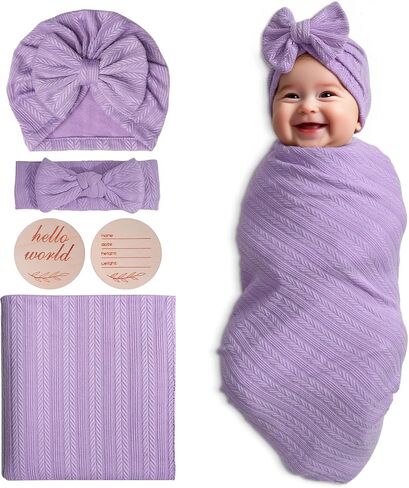 Newborn Receiving Blanket, Muslin Swaddle Blanket for Girl and Boy | Stretchy Baby Blankets with Bow Headbands, Hats Set and Name Announcement Card, Unisex, Perfect for Newborn Photos (White) in Kuwait