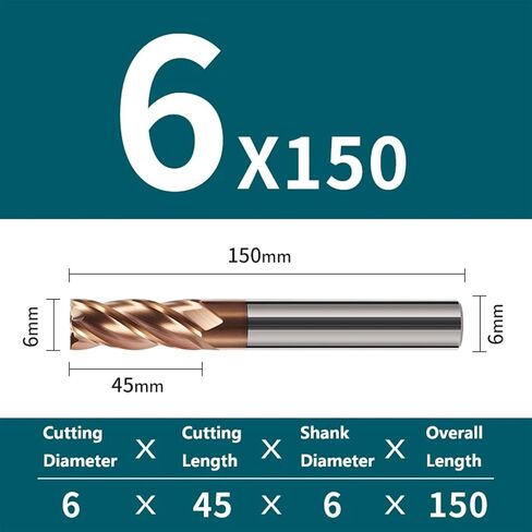 1PCS طاحونة طويلة HRC55 4 Flutes 150mm 200mm طول الفولاذ المقاوم للصدأ القاطع الزهر القطع CNC أجهزة التوجيه أجهزة قطع آلة CNC (1pc ، 6x45x6dx150l) in Kuwait