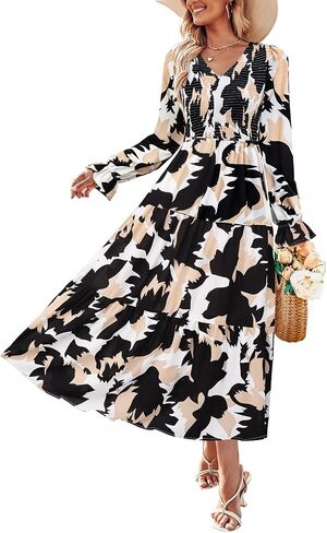 Zesica Women's Fall Long Sleeve Floral Boho Dress 2025 Casual V Neck A-LINE FREED WELDY GUED MAXI in Saudi Arabia