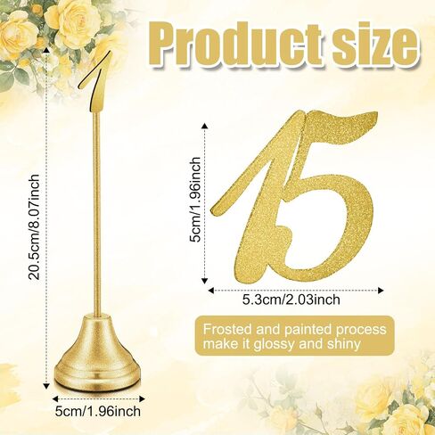 MAITYS 15 PCS أرقام الجدول المعدنية 1-15 رقم الجدول يقف لحفل الزفاف 8 بوصة الحفلات علامة على مقعد مع قاعدة شديدة التحمل للآدانات حفلات حفلات الأحداث (البرونز) (البرونز) in Saudi Arabia