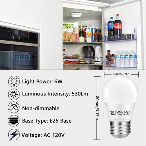 NETEHA 2 Pack A15 6W 120V E26 Base Small LED Refrigerator Light Bulb, Non-Dimmable 60W Equivalent 5000K Daylight White A15/G45 Shape LED Appliance Bulb for Ceiling Fan and Lighting Fixtures in Kuwait