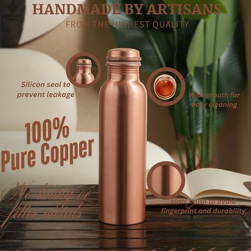Pure Copper Water Bottle, 34 oz (950 ml), Smooth Finish, Leak-Proof Design Vessel, Ayurveda Health Benefit for Sport, Fitness, Yoga. Pure CopperBottle for Drinking Water in Kuwait