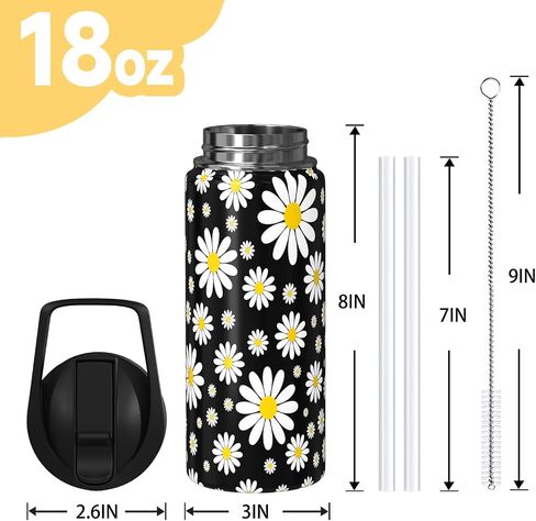 ديزي هدايا 18oz سبورت ماء زجاجة مع غطاء القش والربعة ، زجاجة مياه صالة رياضية معزولة من الفولاذ المقاوم للصدأ ، هدايا عاشق الزهور للنساء الرجال (1 كمبيوتر) in Kuwait