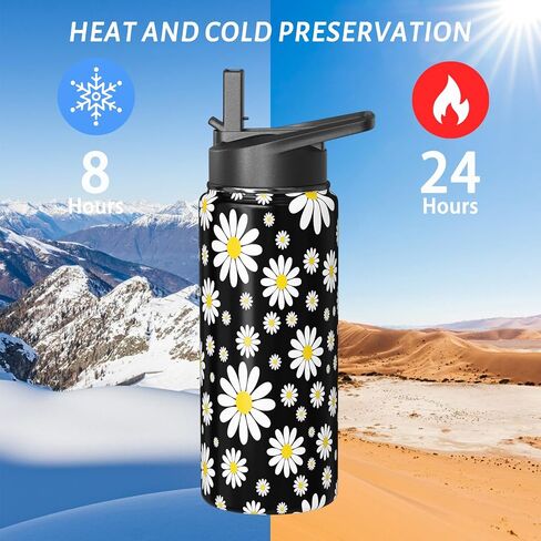 ديزي هدايا 18oz سبورت ماء زجاجة مع غطاء القش والربعة ، زجاجة مياه صالة رياضية معزولة من الفولاذ المقاوم للصدأ ، هدايا عاشق الزهور للنساء الرجال (1 كمبيوتر) in Kuwait