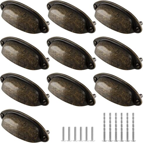 10 Pack Yellow Bronze Drawer Pull Handle Knobs Metal Cup Pull 3.5" Hole Centers, Vintage Shell Pull Handles for Kitchen Cabinet Dresser Furniture in Kuwait
