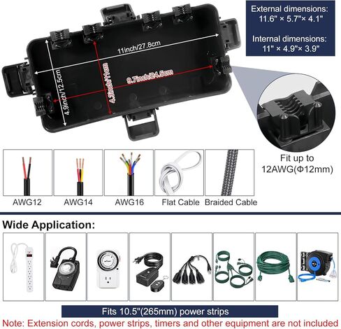 Medium Outdoor Electrical Box (11.6x5.7x4.1 inch), IP54 Waterproof Extension Cord Cover w/ 6 Cable Entry, Weatherproof Connection Box for Power Strip, Plug, Timer, Holiday Lights, Black in Kuwait