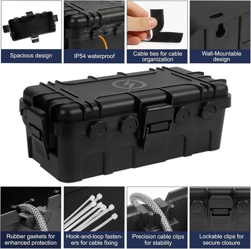 Medium Outdoor Electrical Box (11.6x5.7x4.1 inch), IP54 Waterproof Extension Cord Cover w/ 6 Cable Entry, Weatherproof Connection Box for Power Strip, Plug, Timer, Holiday Lights, Black in Kuwait