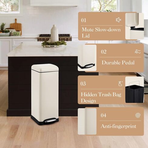 علبة القمامة من الفولاذ المقاوم للصدأ مع غطاء ناعم من القمر ، وعلب المطبخ مقاوم البصمات 8 جالون/30 لتر ، حاوية إعادة التدوير مع دلاء داخلية قابلة للإزالة ودواسة القدم لحمام غرفة نوم المكتب in Kuwait