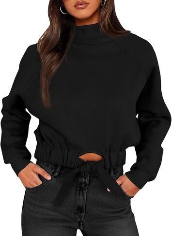 Fisoew Women's Cropped Sweatshirts Casual Turtleneck Fleece Long Sleeve Tie Front Loose Fall Pullover Tops in Saudi Arabia