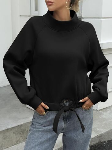Fisoew Women's Cropped Sweatshirts Casual Turtleneck Fleece Long Sleeve Tie Front Loose Fall Pullover Tops in Saudi Arabia