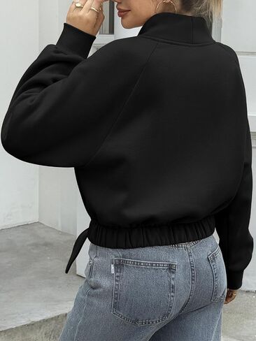Fisoew Women's Cropped Sweatshirts Casual Turtleneck Fleece Long Sleeve Tie Front Loose Fall Pullover Tops in Saudi Arabia