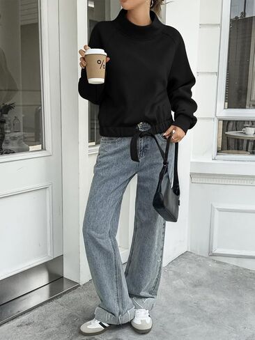 Fisoew Women's Cropped Sweatshirts Casual Turtleneck Fleece Long Sleeve Tie Front Loose Fall Pullover Tops in Saudi Arabia