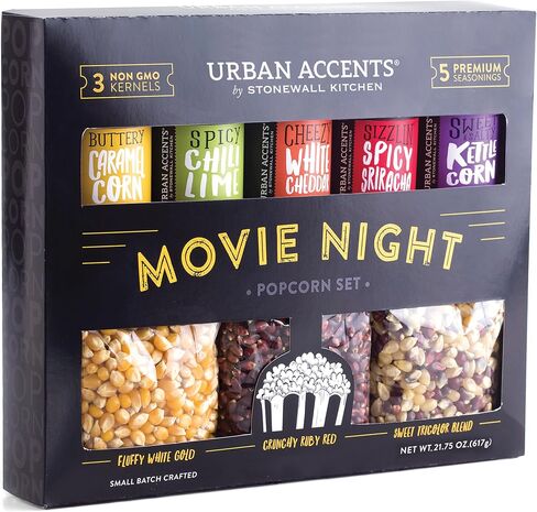 Urban Accents MOVIE NIGHT مجموعة متنوعة من حبات الفشار وتوابل الفشار (مجموعة من 8) - 3 عبوات نواة الفشار غير المعدلة وراثيًا و5 توابل للوجبات الخفيفة من الفشار الذواقة in Saudi Arabia