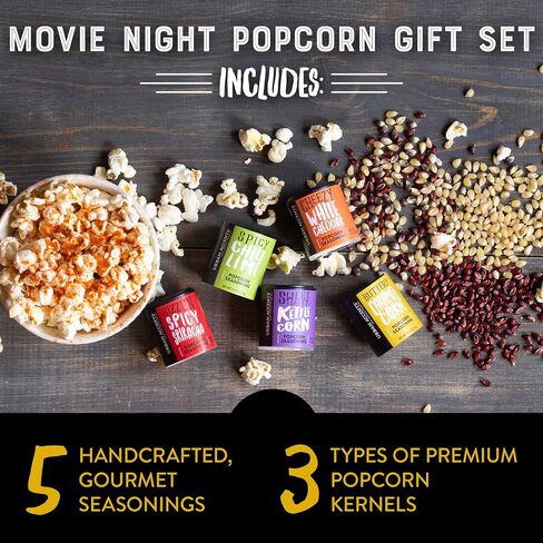 Urban Accents MOVIE NIGHT مجموعة متنوعة من حبات الفشار وتوابل الفشار (مجموعة من 8) - 3 عبوات نواة الفشار غير المعدلة وراثيًا و5 توابل للوجبات الخفيفة من الفشار الذواقة in Saudi Arabia