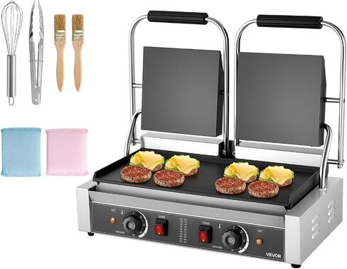 Vevor Commercial Panini Grill ، 3600W صانع شطيرة شطيرة كهربائية ، شطائر مزدوجة من الفولاذ المقاوم للصدأ مع المقبض والتحكم في درجة الحرارة ، 19x9 في صفيحة مينا مسطحة كاملة ، من أجل لحم الخنزير المقدد هامبرغر in Kuwait