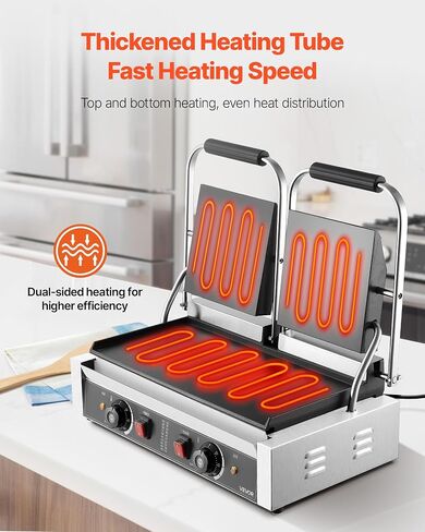 Vevor Commercial Panini Grill ، 3600W صانع شطيرة شطيرة كهربائية ، شطائر مزدوجة من الفولاذ المقاوم للصدأ مع المقبض والتحكم في درجة الحرارة ، 19x9 في صفيحة مينا مسطحة كاملة ، من أجل لحم الخنزير المقدد هامبرغر in Kuwait