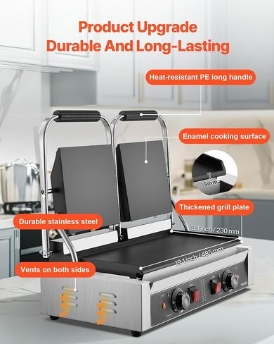 Vevor Commercial Panini Grill ، 3600W صانع شطيرة شطيرة كهربائية ، شطائر مزدوجة من الفولاذ المقاوم للصدأ مع المقبض والتحكم في درجة الحرارة ، 19x9 في صفيحة مينا مسطحة كاملة ، من أجل لحم الخنزير المقدد هامبرغر in Kuwait