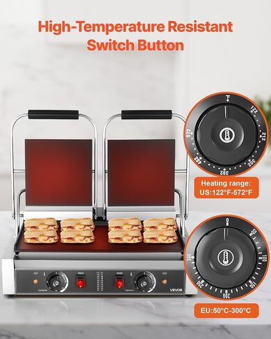 Vevor Commercial Panini Grill ، 3600W صانع شطيرة شطيرة كهربائية ، شطائر مزدوجة من الفولاذ المقاوم للصدأ مع المقبض والتحكم في درجة الحرارة ، 19x9 في صفيحة مينا مسطحة كاملة ، من أجل لحم الخنزير المقدد هامبرغر in Kuwait
