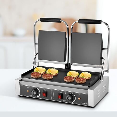 Vevor Commercial Panini Grill ، 3600W صانع شطيرة شطيرة كهربائية ، شطائر مزدوجة من الفولاذ المقاوم للصدأ مع المقبض والتحكم في درجة الحرارة ، 19x9 في صفيحة مينا مسطحة كاملة ، من أجل لحم الخنزير المقدد هامبرغر in Kuwait