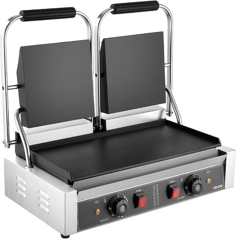 Vevor Commercial Panini Grill ، 3600W صانع شطيرة شطيرة كهربائية ، شطائر مزدوجة من الفولاذ المقاوم للصدأ مع المقبض والتحكم في درجة الحرارة ، 19x9 في صفيحة مينا مسطحة كاملة ، من أجل لحم الخنزير المقدد هامبرغر in Kuwait