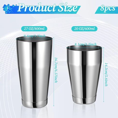 8pcs بوسطن كوكتيل شاكر ، طقم النادل المصنوع من الفولاذ المقاوم للصدأ مع 18oz و 24oz أداة Shakers مختلطة （Silver） in Saudi Arabia