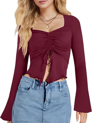Aimcoo Women's Y2K Tie tops Tops Bell Sleeve Sexy Crop Top Stirts Long Squart in Kuwait