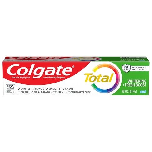 Colgate Total Whitening + Gresh Boost Pattern Toating Gel ، 10 مزايا ، بدون مقايضات ، يساعد على محاربة البكتيريا ، وتنفس الأنفاس ، وتبييض الأسنان ويوفر تخفيف الحساسية ، نكهة النعناع ، حزمة واحدة ، 5.1 أوقية أنبوب in Kuwait