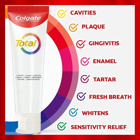 Colgate Total Whitening + Gresh Boost Pattern Toating Gel ، 10 مزايا ، بدون مقايضات ، يساعد على محاربة البكتيريا ، وتنفس الأنفاس ، وتبييض الأسنان ويوفر تخفيف الحساسية ، نكهة النعناع ، حزمة واحدة ، 5.1 أوقية أنبوب in Kuwait