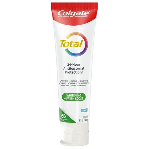 Colgate Total Whitening + Gresh Boost Pattern Toating Gel ، 10 مزايا ، بدون مقايضات ، يساعد على محاربة البكتيريا ، وتنفس الأنفاس ، وتبييض الأسنان ويوفر تخفيف الحساسية ، نكهة النعناع ، حزمة واحدة ، 5.1 أوقية أنبوب in Kuwait