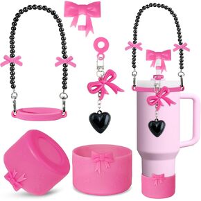 Black Bow Stanley Cup Accessories Set Including Siliocne Straw Cover, Siliocne Boot, Water Bottle Handle Strap, Charms for Stanley Cup 40oz 30oz Tumbler with Handle, Black in Kuwait