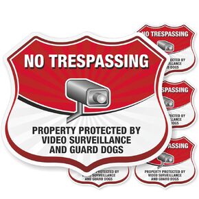 SmartSign No Trespassing - Property Protected by Video Surveillance and Guard Dogs Shield Label | 2.75"x 3.25" EG Reflective Adhesive, Pack of 5, Made in USA in Saudi Arabia