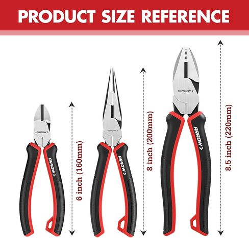 ARROW 3PC Pliers Set, Includes 8.5 Inch Linesman, 8 Inch Needle Nose Pliers, 6 Inch Diagonal Cutter, Comfortable Ergonomic Anti-slip Handle, for Basic Repairs in Kuwait