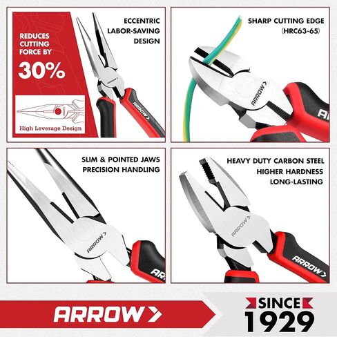 ARROW 3PC Pliers Set, Includes 8.5 Inch Linesman, 8 Inch Needle Nose Pliers, 6 Inch Diagonal Cutter, Comfortable Ergonomic Anti-slip Handle, for Basic Repairs in Kuwait