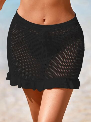 Womens Crochet Elastic Waist Tie Beach Skirt Summer 2025 Ruffle Trim Hollow Out Bathing Suit Cover Up Mini Skirt in Kuwait