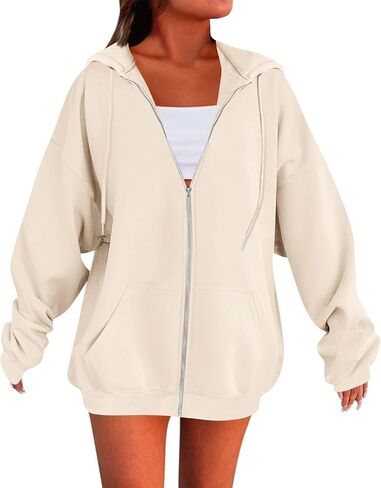Zip Up Hoodie Women Oversized Hooded Sweatshirt Fall Winter Fleece Long Sleeve Tops Drop Shoulder Jacket With Pockets in Saudi Arabia