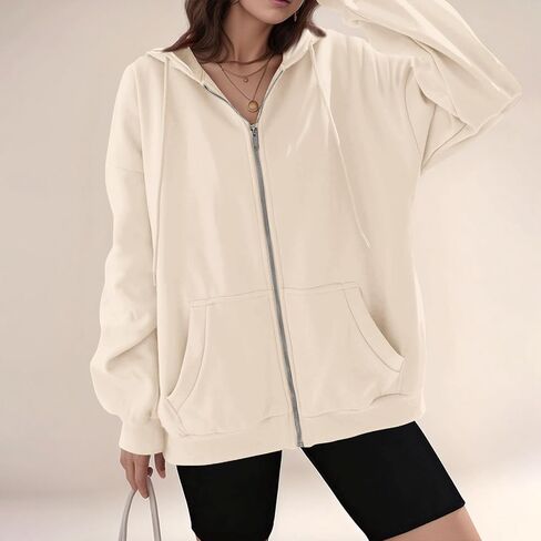Zip Up Hoodie Women Oversized Hooded Sweatshirt Fall Winter Fleece Long Sleeve Tops Drop Shoulder Jacket With Pockets in Saudi Arabia