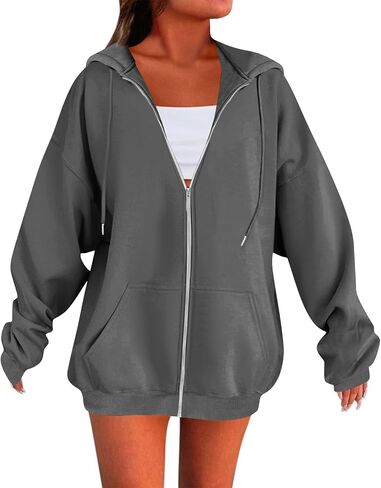 Zip Up Hoodie Women Oversized Hooded Sweatshirt Fall Winter Fleece Long Sleeve Tops Drop Shoulder Jacket With Pockets in Saudi Arabia