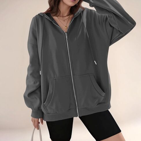 Zip Up Hoodie Women Oversized Hooded Sweatshirt Fall Winter Fleece Long Sleeve Tops Drop Shoulder Jacket With Pockets in Saudi Arabia
