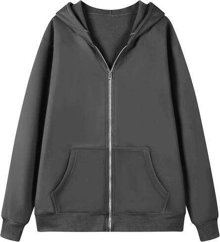 Zip Up Hoodie Women Oversized Hooded Sweatshirt Fall Winter Fleece Long Sleeve Tops Drop Shoulder Jacket With Pockets in Saudi Arabia