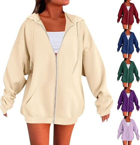 Zip Up Hoodie Women Oversized Hooded Sweatshirt Fall Winter Fleece Long Sleeve Tops Drop Shoulder Jacket With Pockets in Saudi Arabia