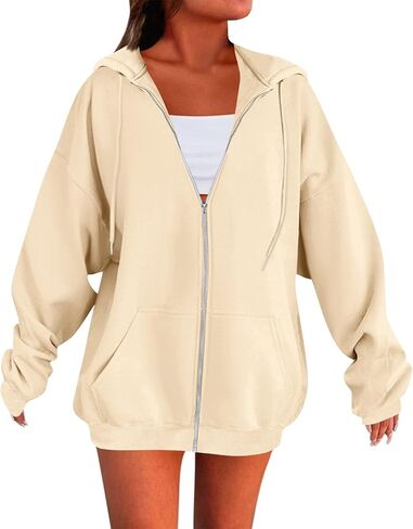 Zip Up Hoodie Women Oversized Hooded Sweatshirt Fall Winter Fleece Long Sleeve Tops Drop Shoulder Jacket With Pockets in Saudi Arabia